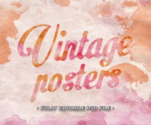 Watercolor Vintage Posters PSD Fully Editable Text Effect. Layer Style PSD Mockup Template