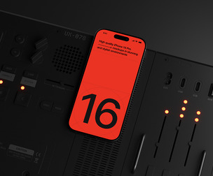 iPhone 16 Pro Mockup PSD Template, Professional High-Tech Red Mobile Interface Display Scene