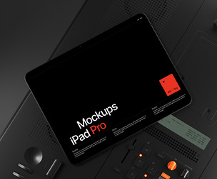 iPad Pro Mockup PSD Template, Professional High-Tech Industrial Tablet Display Scene
