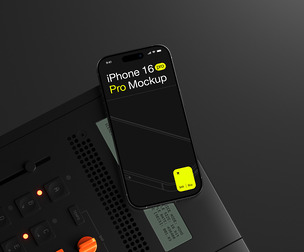 iPhone 16 Pro Mockup PSD Template, Professional High-Tech Dark Mobile Interface Display Scene