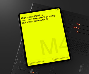 iPad Pro M4 Mockup PSD Template, Professional High-Tech Industrial Tablet Display Scene