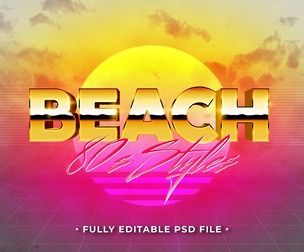 Beach 80s Style PSD Fully Editable Text Effect. Layer Style PSD Mockup Template