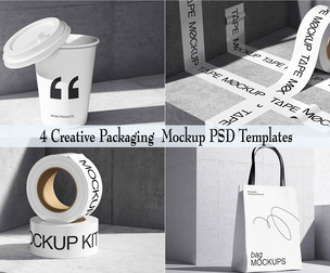 Creative Packaging 4 Mockup PSD Template - Professional High-End Branding & Retail Display Scene