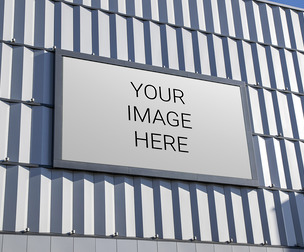 Billboard Attached to Metal Wall Mockup PSD Template, Outdoor Advertising Display Scene