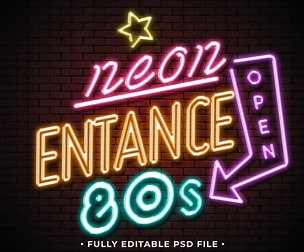 Neon Entrance Open 80s PSD Fully Editable Text Effect. Layer Style PSD Mockup Template