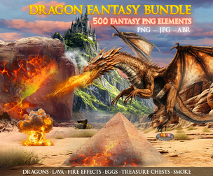 500+ Dragon Fantasy Bundle, Dragons Scale, Reptile, Fire, Ruins, Treasure, Photoshop Brushes