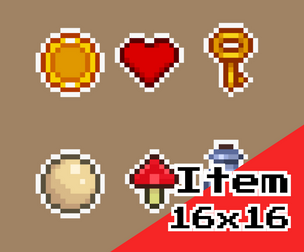 Animated Item Pack – 16x16 Pixel Art (Coin, Heart, Potion, Pearl, Mushroom)