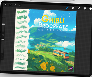Warm Ghibli Style Procreate Brushes: Nature, Foliage, Clouds, Water Effects, Flowers