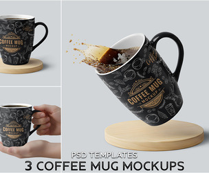 3 Coffee Mug Mockup PSD Templates - Professional High-End Ceramic Cup & Café Branding