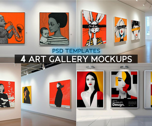4 Art Gallery Mockup PSD Templates - Professional High-End Museum Wall & Large Scale Exhibition