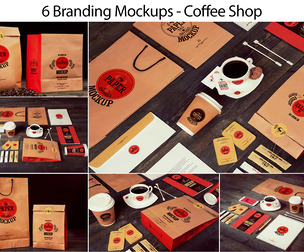 6 Coffee Shop Branding Mockup PSD Templates - Professional Cafe Stationery, Packaging Identity