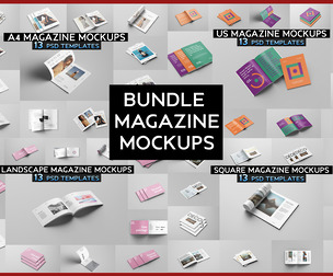 Magazine Mockup Mega Bundle, PSD Templates, A4, US Letter, Square, Landscape, Editorial Magazine