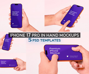 5 iPhone 17 Pro In-Hand Mockup PSD Templates - Professional High-End Mobile UI/UX App Display