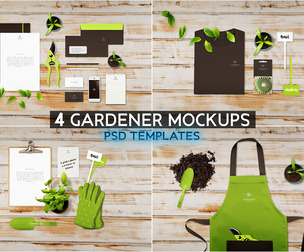 4 Gardener Mockup PSD Templates, High-End Landscaping Stationery & Garden Apparel Identity
