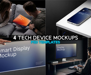 4 Tech Device Mockup PSD Templates - Professional High-End Apple iMac, iPad Pro, iPhone 17 Pro