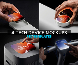 4 Tech Device Interface Mockup PSD Templates - Professional High-End IoT, Smart Hub, Scooter Display