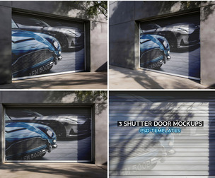 3 Shutter Door Mockup PSD Templates - Professional High-End Garage & Industrial Rolling Gate Display
