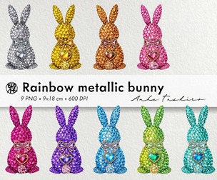 Rainbow Metallic Bunny clipart PNG clipart 300 DPI Printable Instant Download