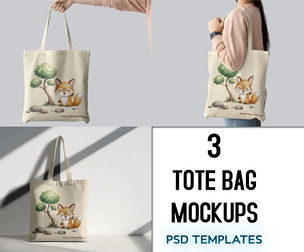 3 Canvas Tote Bag Mockups PSD Bundle - Professional High-End Eco-Friendly Branding & Merchandise