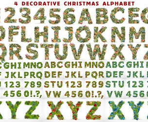 4 Decorative Christmas Alphabet Numbers Bundle, Pine Branch 3D Letters, Holiday Wreath Typography