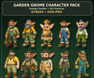 Garden Gnome Character Pack – Fantasy Garden Worker Kitbash High-Poly 3D Models