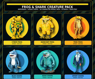Frog & Shark Creature Pack – Amphibian Ocean Character Kitbash High-Poly 3D Model Pack