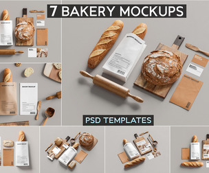 7 Bakery Mockups PSD Template, Professional High-End Bread Packaging, Artisanal Branding