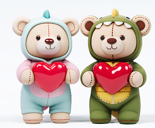 Dinosaur pajama bear couple doll heart