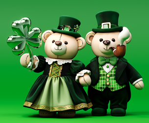 A couple of bears wearing St Patrick Day themed dresses doll green