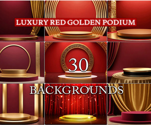 30 Luxury Red Golden Podium Backgrounds, Elegant Gold Pedestal Stage Backdrops, Royal Curtain Scenes