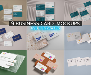 9 Business Card Mockups PSD Templates, Elegant Stationery Branding Bundle, Corporate Name Card Kit