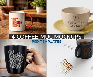 4 Coffee Mug Mockups PSD Templates, Premium Ceramic Teacup Bundle, Cafe Branding Mockup Pack