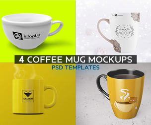 4 Coffee Mug Mockups PSD Templates, Premium Ceramic Cup Bundle, Cafe Merchandise Branding Kit
