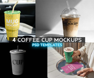 4 Coffee Cup Mockups PSD Templates, Premium Drinkware Tumbler Bundle, Cafe Packaging Branding Kit
