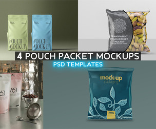 4 Pouch Packet Mockups PSD Templates, Premium Food Packaging Bundle, Flexible Stand Up Sack Kit