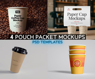 4 Paper Coffee Cup Mockups PSD Templates, Premium Takeaway Cafe Bundle, Beverage Packaging