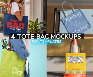 4 Tote Bag Mockups PSD Templates, Premium Canvas Shopping Bag Bundle, Eco Fabric Carry Goods Kit