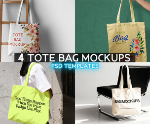 4 Tote Bag Mockups PSD Templates, Premium Canvas Shopping Bag Bundle, Eco Fabric Carry Goods Kit