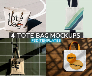 4 Tote Bag Mockups PSD Templates, Premium Canvas Shopping Bag Bundle, Eco Fabric Carry Goods Kit