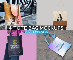 4 Tote Bag Mockups PSD Templates, Premium Canvas Shopping Bag Bundle, Eco Fabric Carry Goods Kit