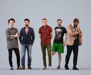 Basics_0014 - Standing A set containing 5 models of male adults standing in public settings