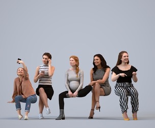 Basics_0049 - Sitting A set containing 5 models of female adults sitting in casual attire in public