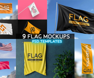 9 Flag Mockups PSD Templates, Premium Banner & Pennant Bundle, Outdoor Event Branding Kit