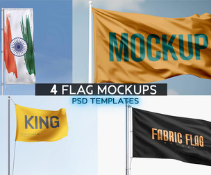 4 Flag Mockups PSD Templates, Premium Banner & Pole Bundle, Outdoor Event Advertising Kit