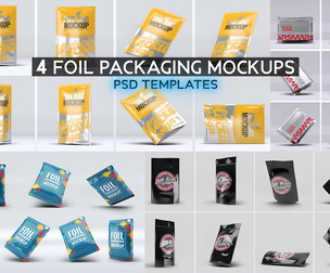 4 Foil Packaging Mockups PSD Templates, Premium Snack Pouch Bag Bundle, Glossy Metallic Food Packet