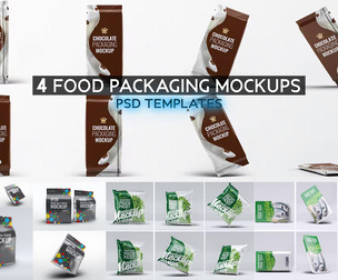 4 Food Packaging Mockups PSD Templates, Premium Chocolate Bar Candy Wrapper Bag Bundle, Snack Pouch