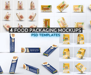 4 Food Packaging Mockups PSD Templates, Premium Kraft Paper Bag Bundle, Spaghetti Box, Butter Wrap