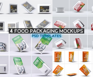 4 Food Packaging Mockups PSD Templates, Premium Plastic Container Bundle, Dipping Sauce & Vacuum
