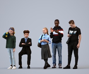 Basics_0649 - Kids A set containing 5 models of male and female teens standing in casual and school