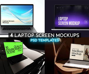 4 Laptop Screen Mockups PSD Templates, Premium MacBook Display Bundle, Tech UI UX Website